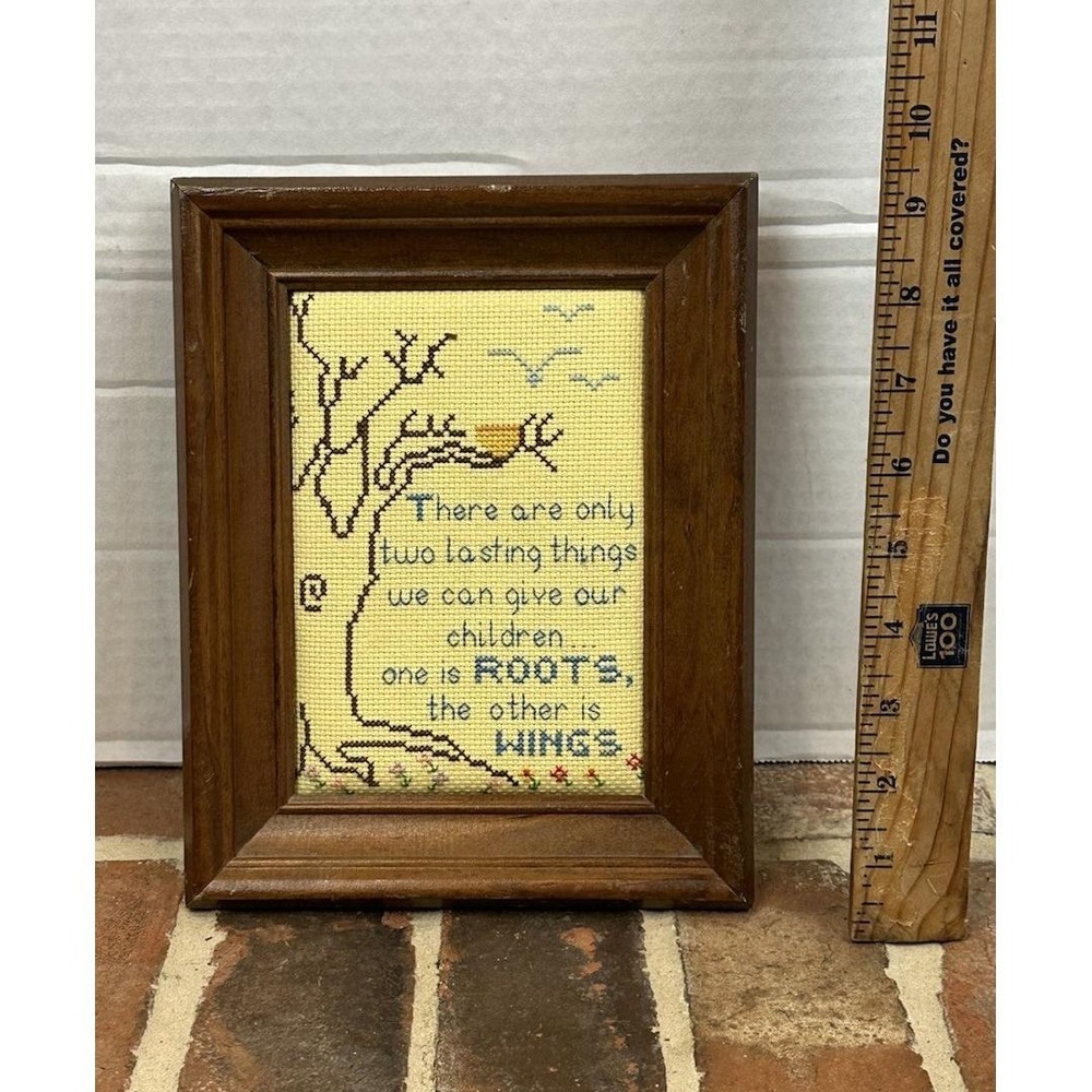 Vintage 1970s Cross-Stitch Embroidery Tree With Birds Framed Retro Nursery Quote